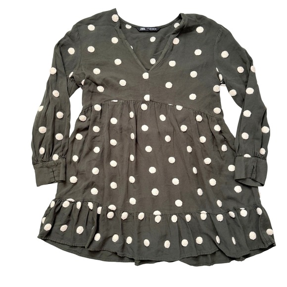 Zara Tops - Zara Tunic Top Womens Large Olive Green Pom Pom Dot Babydoll V-Neck L